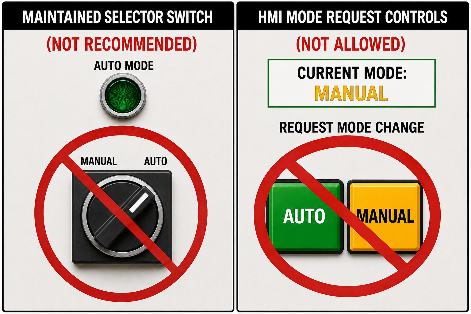 Comparison showing a maintained MANUAL/AUTO selector switch as not recommended and HMI screen controls for requesting Manual Mode or Auto Mode as not allowed.